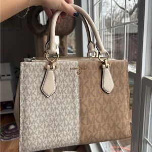 Michael Kors Marilyn Medium Bicolor Two-Tone Cream & Beige Signature LogoSatchel